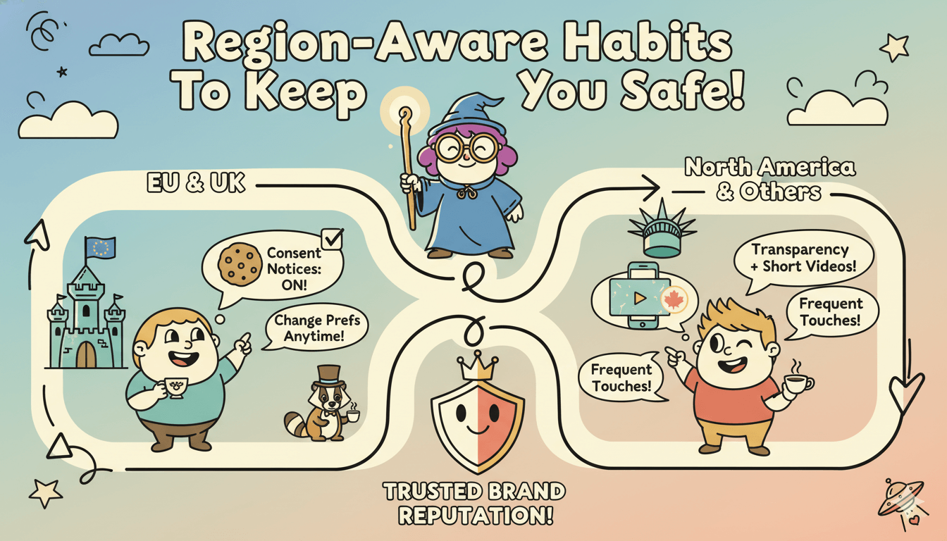 Un diagrama de flujo de dibujos ilustra estrategias de personalización conscientes de la región para diferentes mercados, enfatizando la transparencia y el respeto al cliente.