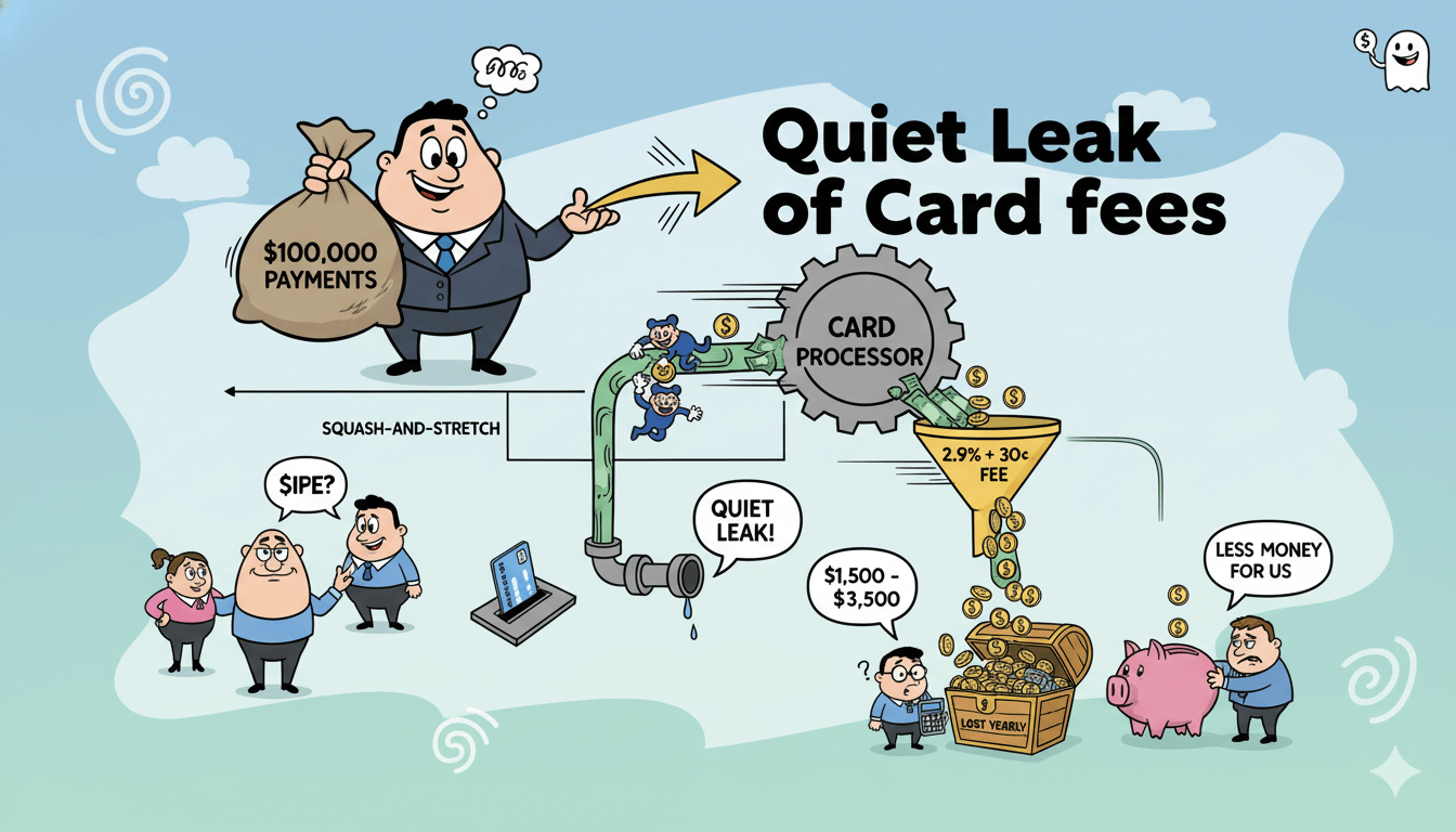 Un diagrama de flujo lúdico ilustra cómo las comisiones de procesamiento de tarjetas de crédito disminuyen silenciosamente los pagos online.
