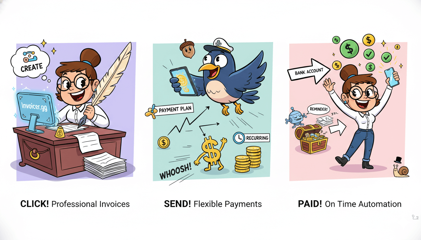 Un dibujo animado de tres viñetas ilustra cómo Invoicer gg ayuda a crear, enviar y recibir pagos por facturas.