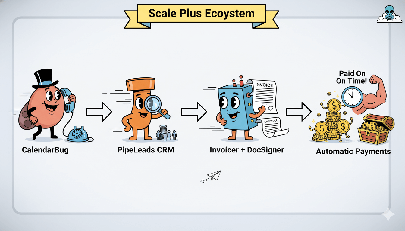 Un diagrama de flujo lúdico muestra el "ecosistema Scale Plus", mostrando cómo Invoicer conecta diversas herramientas desde el cliente principal hasta el pago.