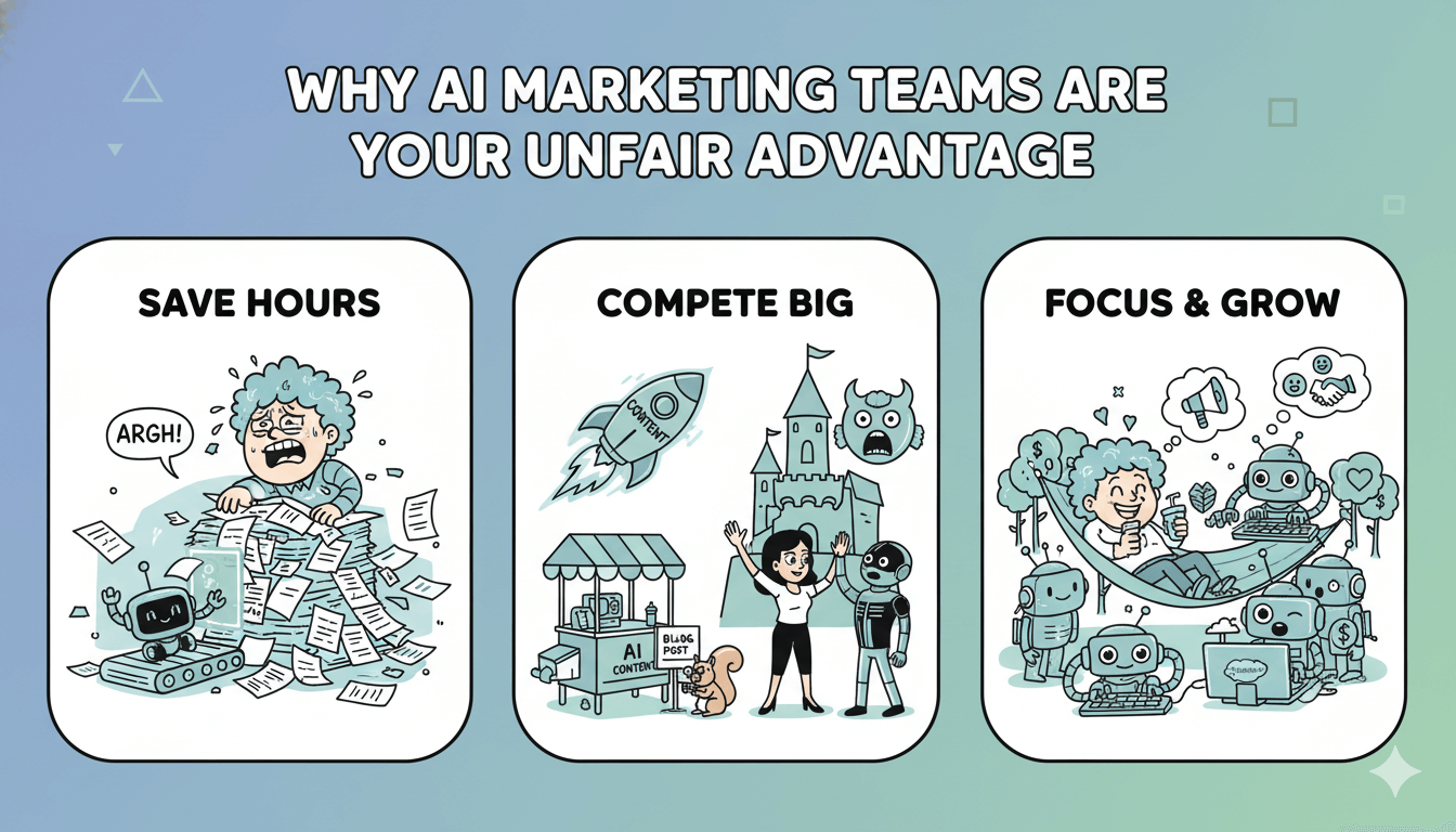 Una viñeta de tres viñetas ilustra cómo el marketing con IA ayuda a las empresas a ahorrar tiempo, competir eficazmente y centrarse en el crecimiento.