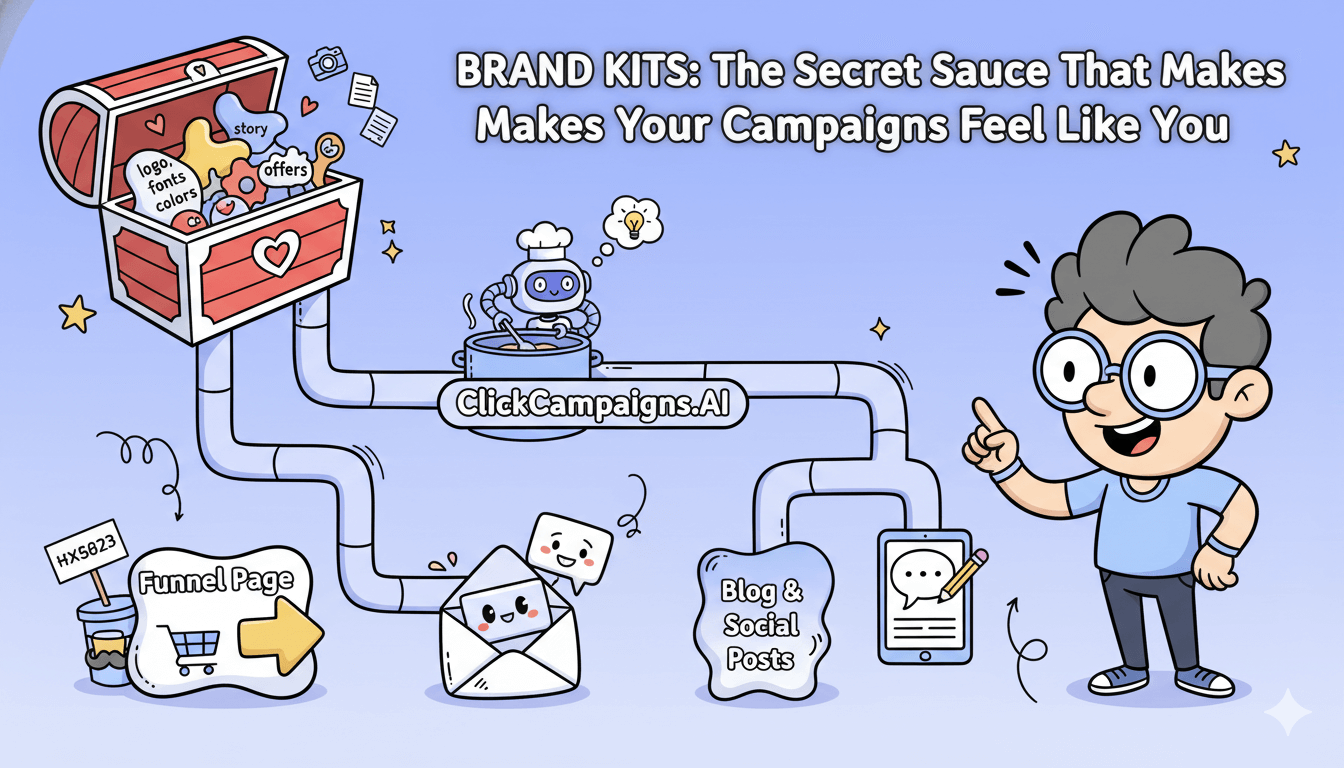 Un robot de dibujos animados cocina un kit de marca en una olla, creando elementos de marketing consistentes como páginas embudo y entradas de blog.