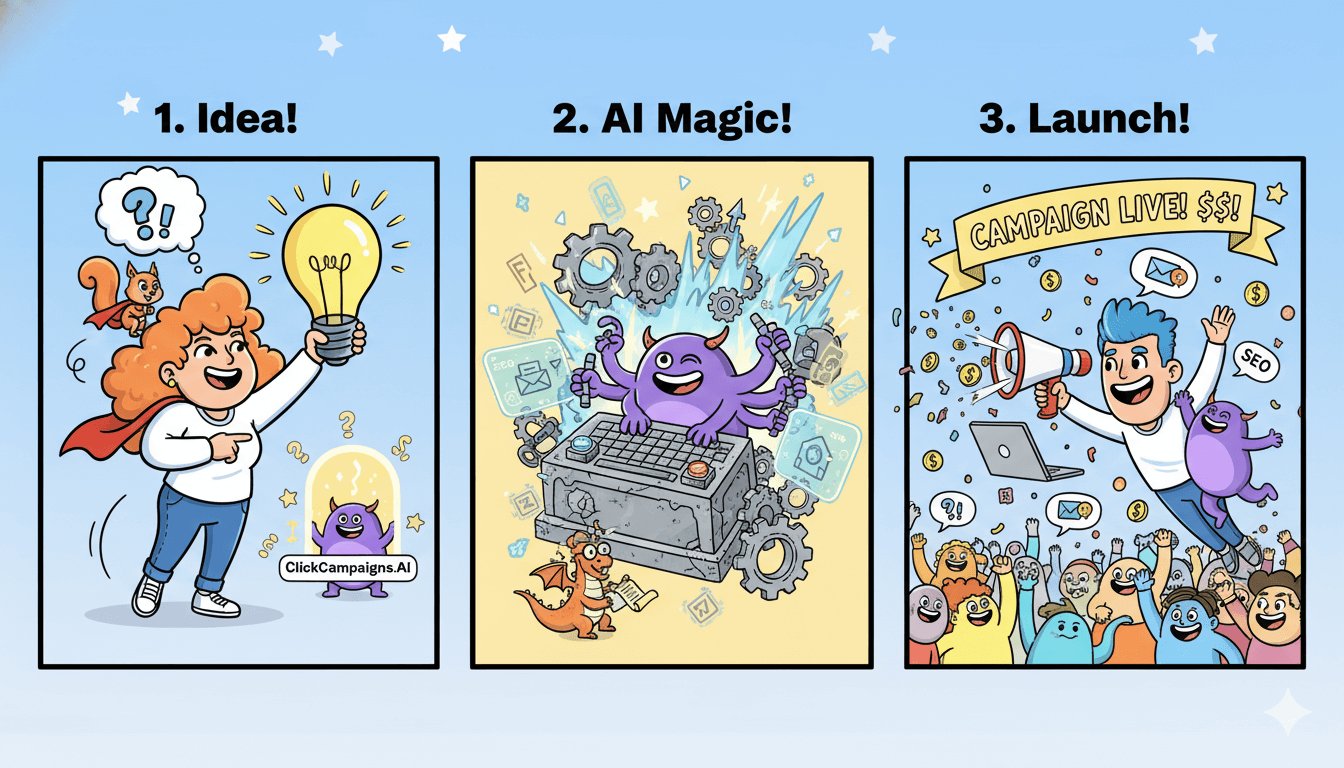 Una viñeta de tres viñetas muestra a una persona con una idea, un equipo de IA trabajando y un lanzamiento exitoso, ilustrando cómo ClickCampaigns.Ai ayuda a convertir ideas en activos rápidamente.