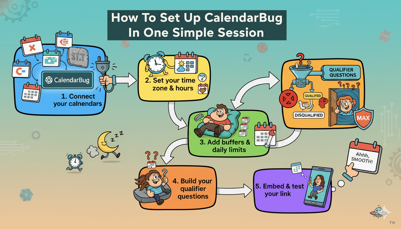 Un humorístico diagrama de flujo de cinco pasos muestra cómo configurar CalendarBug con varios personajes e iconos de dibujos animados.