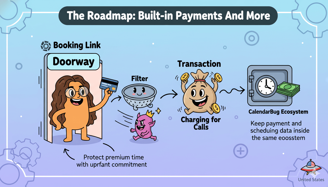 Un diagrama de flujo caprichoso muestra un personaje usando un enlace de reserva para CalendarBug, lo que conduce al procesamiento de pagos y a los datos dentro del ecosistema.
