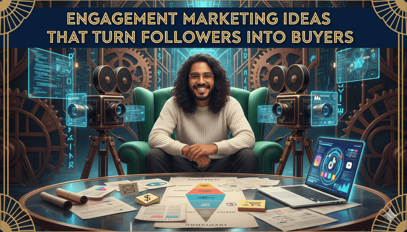 Un hombre sonríe en medio de una mezcla de tecnología antigua y nueva, representando ideas de marketing atractivas que convierten a sus seguidores en compradores