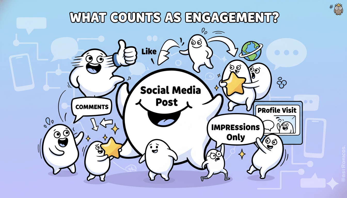 Los personajes de dibujos animados interactúan con una publicación en redes sociales, ilustrando diferentes formas en que los usuarios interactúan en las plataformas sociales.