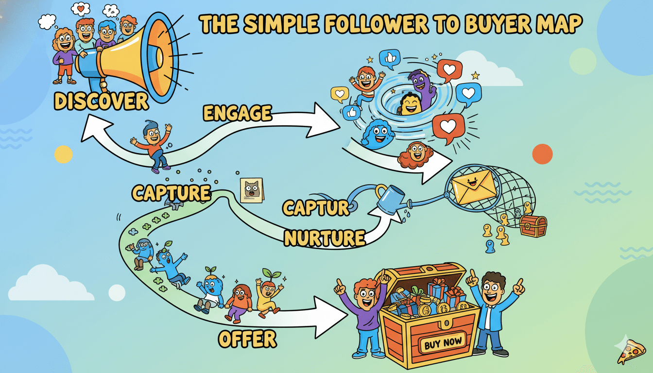 Un diagrama de flujo de dibujos animados juguetones ilustra el camino desde seguidor en redes sociales hasta comprador con etapas como descubrir, interactuar, capturar, cuidar y vender