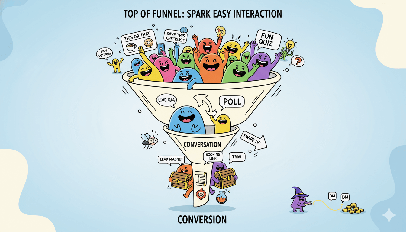 Una ilustración lúdica de un embudo de marketing muestra cómo fomentar una interacción sencilla para llevar a la conversión.