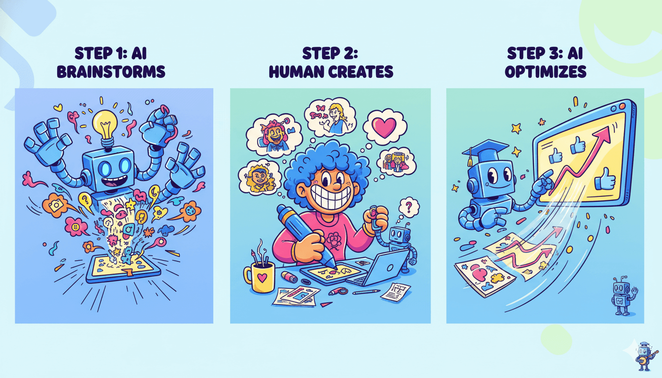 Una viñeta de tres viñetas muestra cómo la IA ayuda a la interacción: lluvia de ideas, creación humana y optimización.