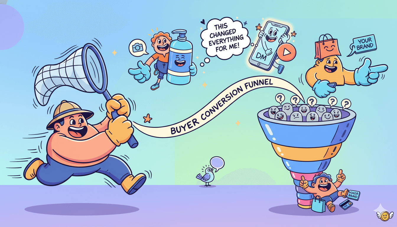 Un diagrama de flujo caprichoso muestra a un personaje recopilando diversas formas de prueba social para guiar a los clientes a través de un embudo de conversión de compradores