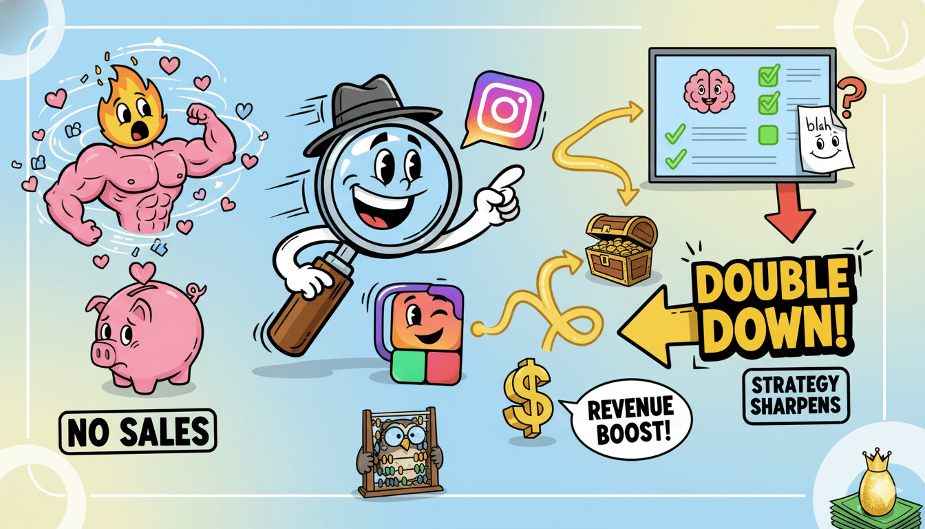 Un diagrama de flujo humorístico ilustra un personaje de lupa identificando ideas fuertes de compromiso que conducen a un aumento de ventas.