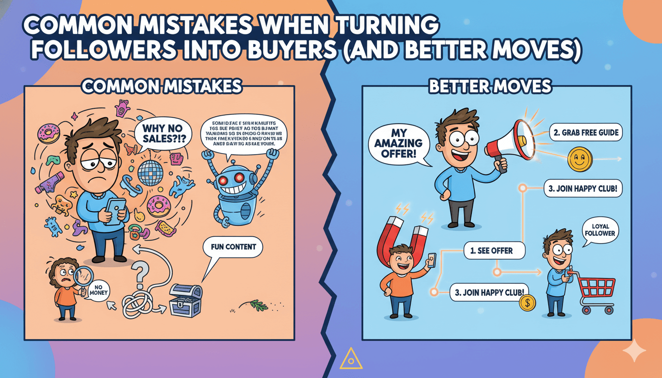 Un cuadro comparativo de divisiones ilustra errores comunes y estrategias efectivas para convertir seguidores en compradores.