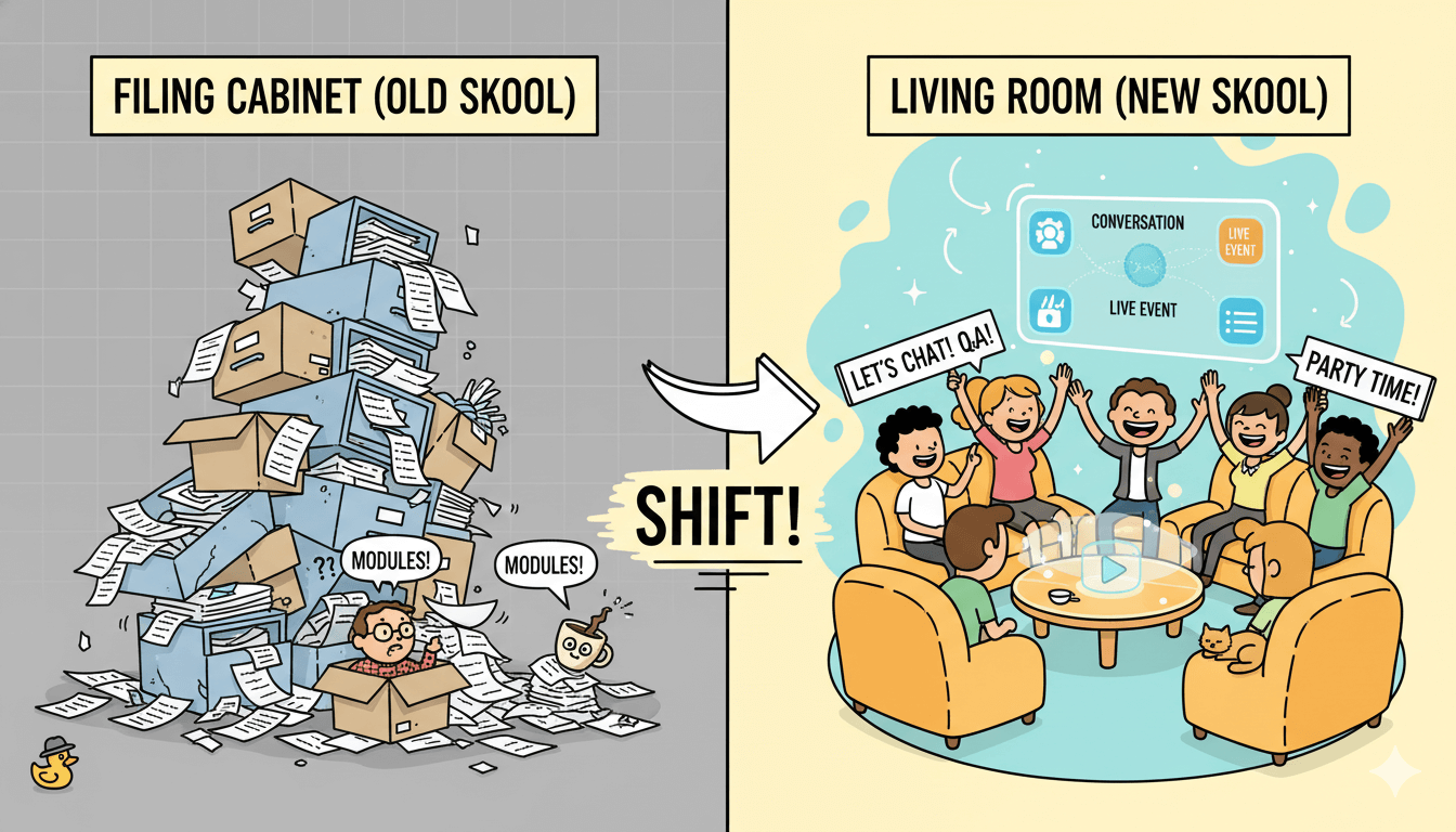 Una comparación dividida muestra un caótico Skool de "archivadores" frente a un vibrante Skool de "salón", ilustrando el cambio de mentalidad en el andén.