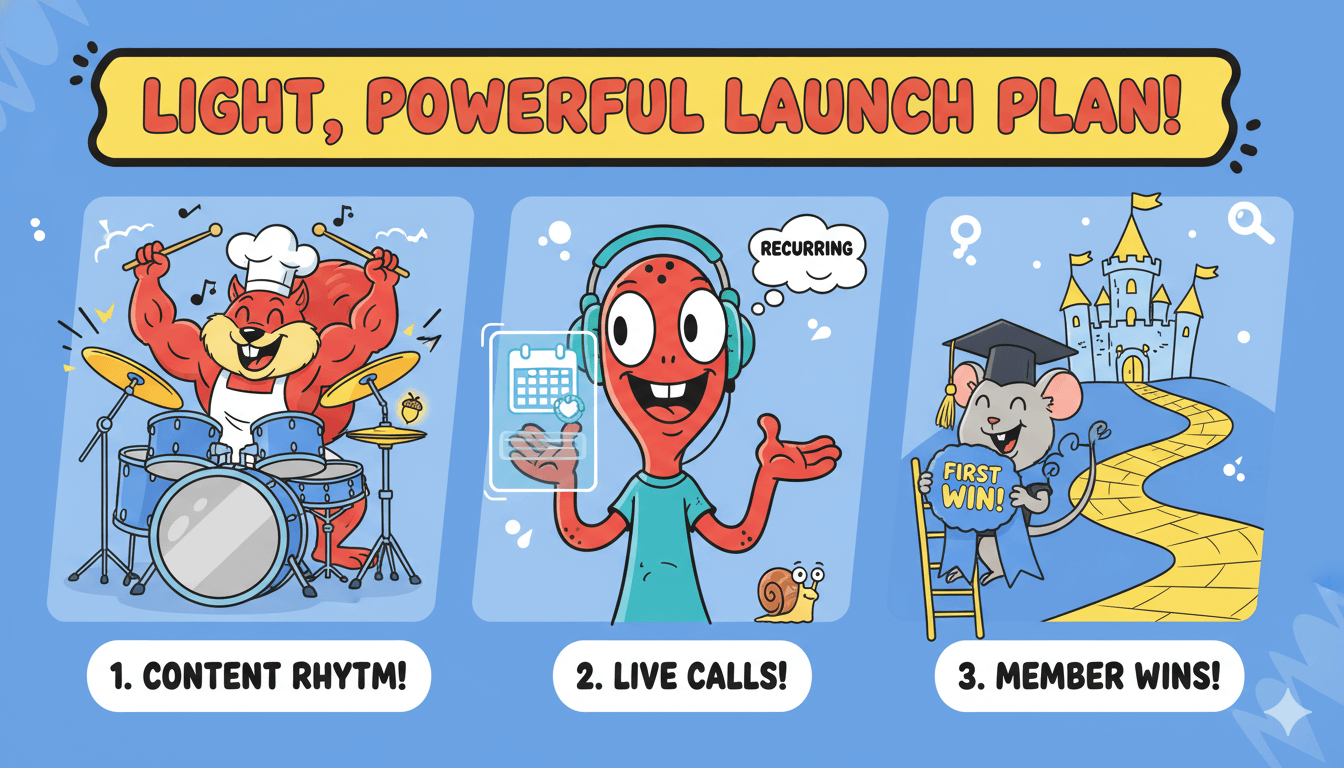 Una viñeta de tres viñetas ilustra un sencillo plan de lanzamiento de 30 a 90 días, mostrando el ritmo del contenido, las llamadas en directo y los premios de los miembros.