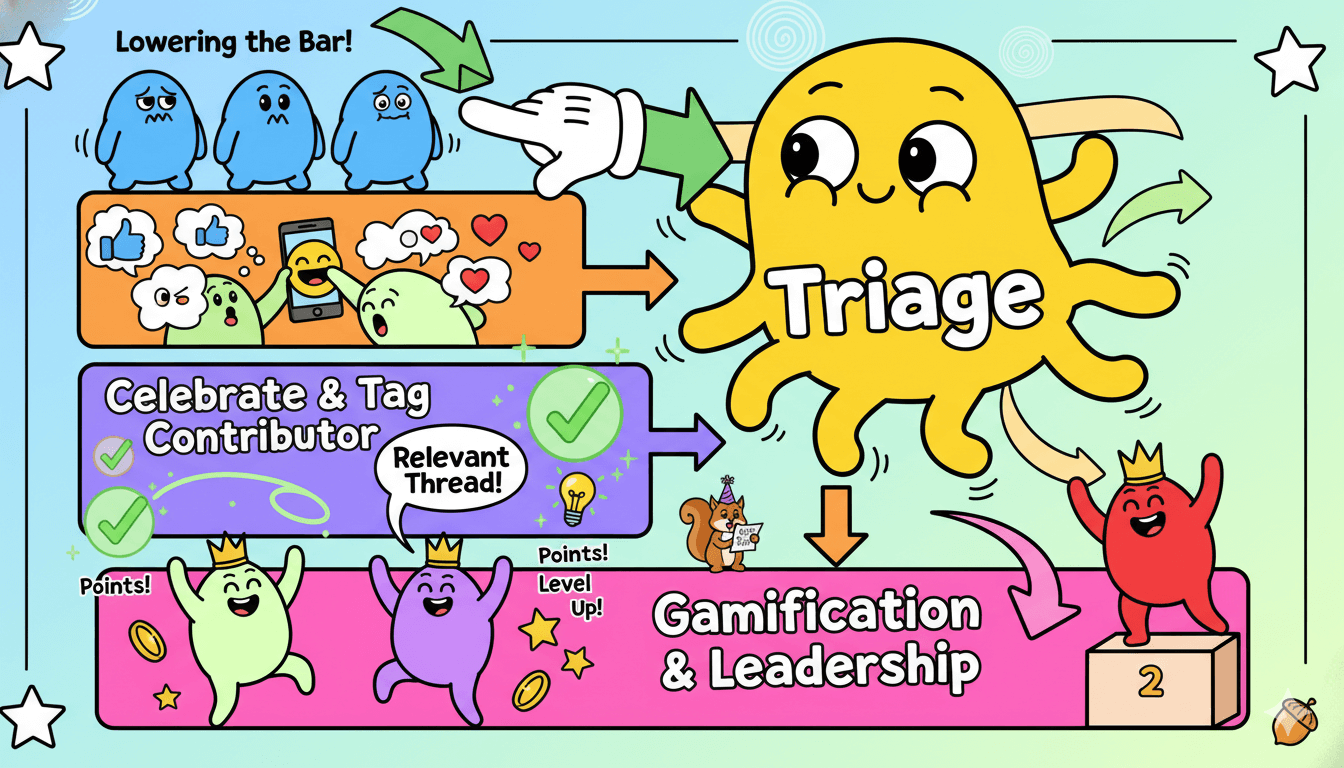 Un diagrama de flujo lúdico muestra cómo convertir a los miembros silenciosos en contribuyentes activos de la comunidad mediante la reducción de barreras y la gamificación.