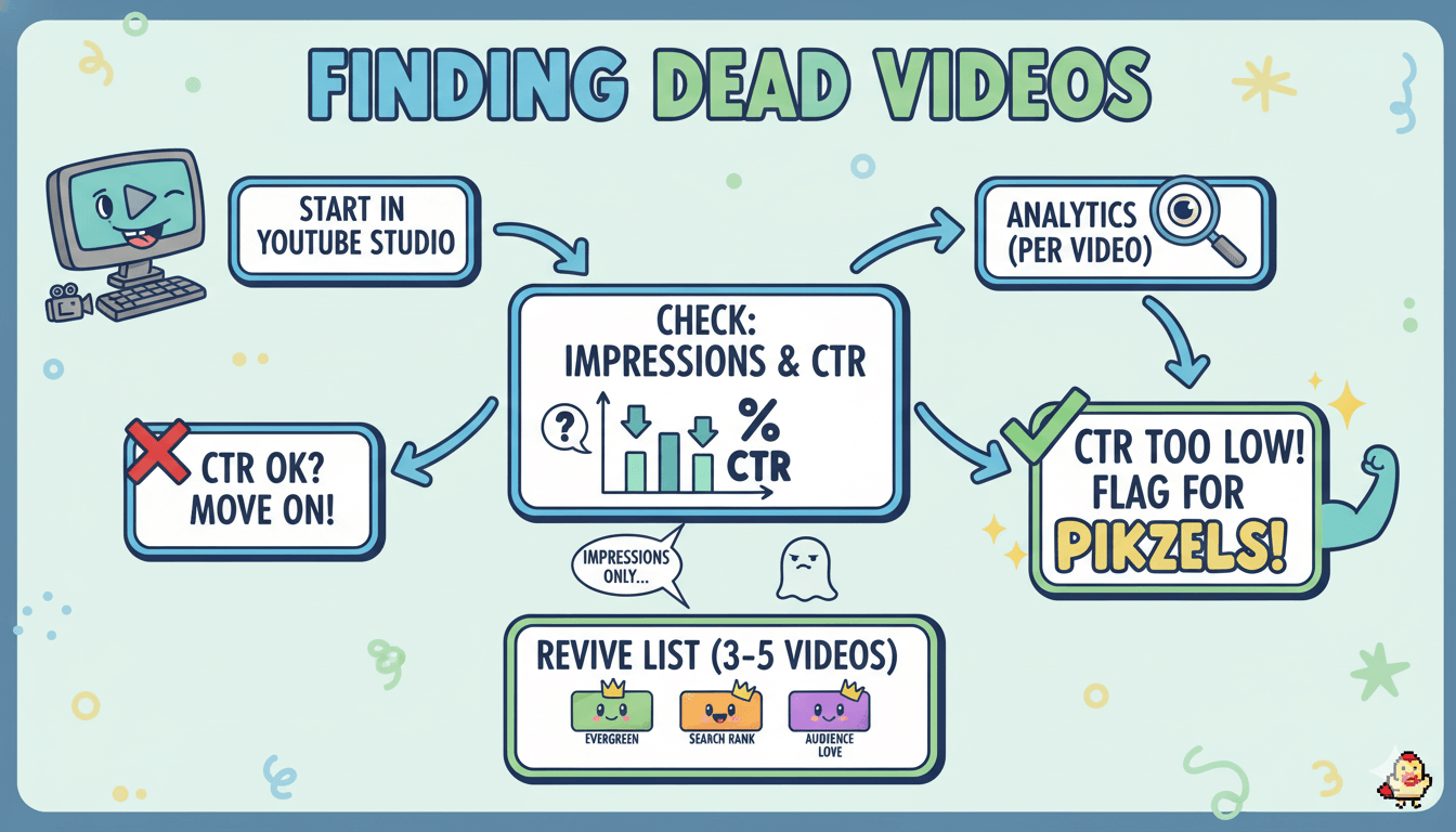 Un diagrama de flujo caprichoso explica cómo encontrar vídeos muertos en YouTube Studio comprobando impresiones y CTR para Pikzles.