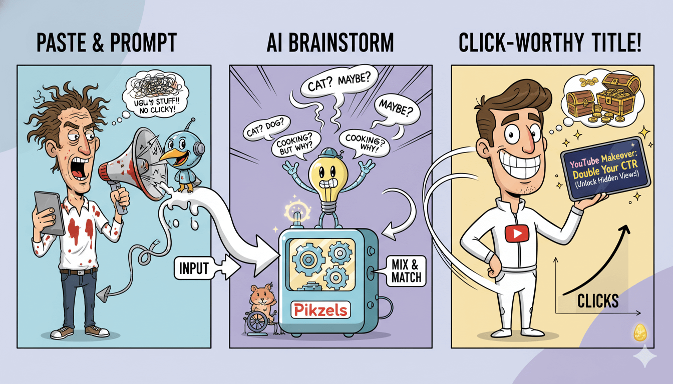 Un hombre de dibujos animados usa Pikzles para transformar un título confuso de vídeo en uno claro y fácil de hacer clic con tres pasos.