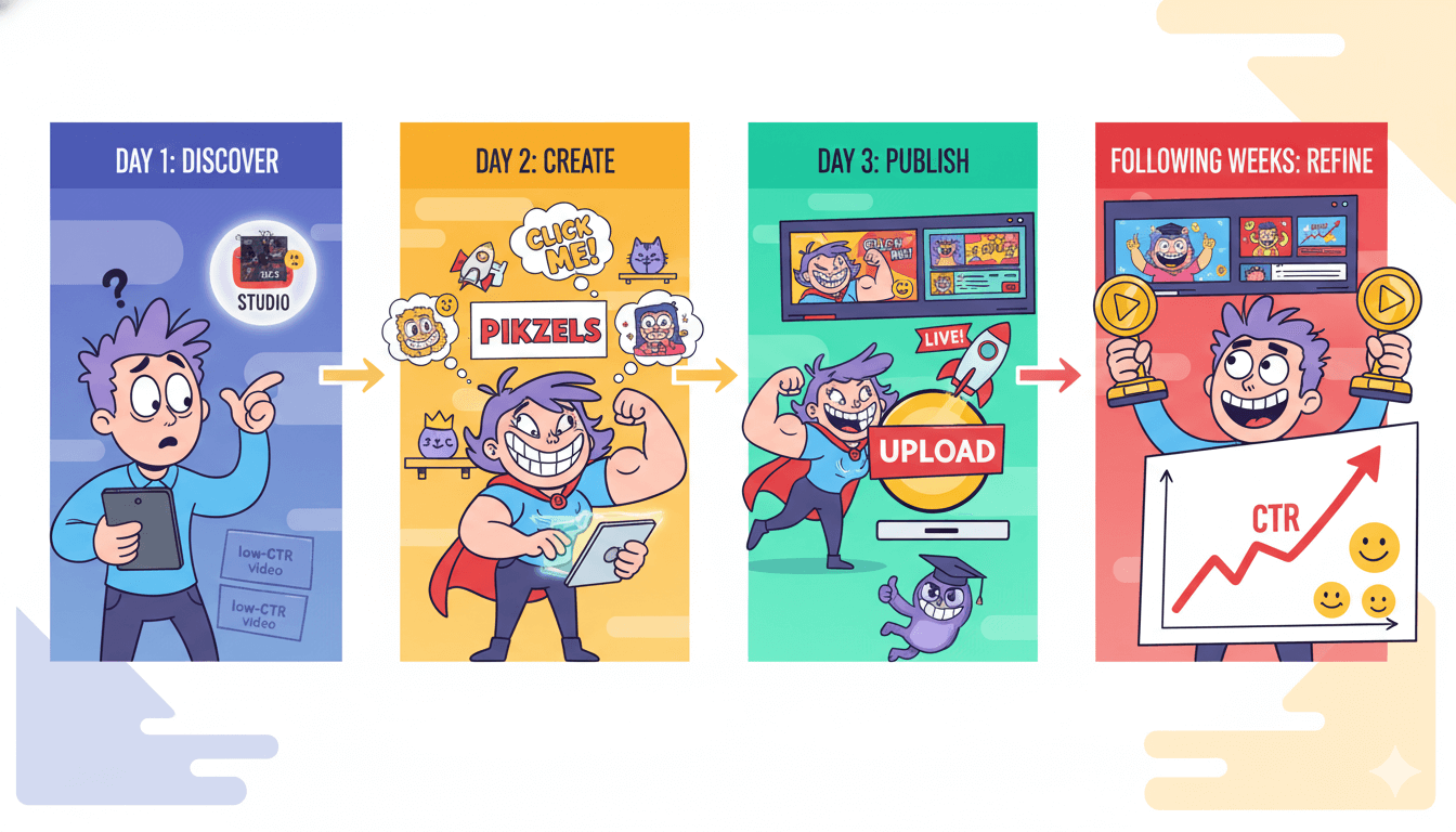 Un personaje de dibujos animados sigue un diagrama de flujo de cuatro pasos para revivir vídeos antiguos y mejorar su rendimiento.