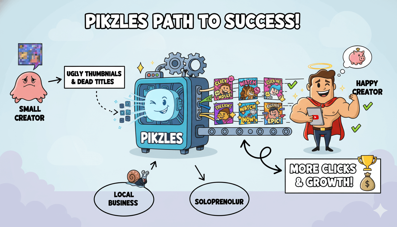 Un diagrama de flujo divertido muestra a un pequeño creador triste y un negocio local usando Pikzles para conseguir más clics y convertirse en un creador feliz.