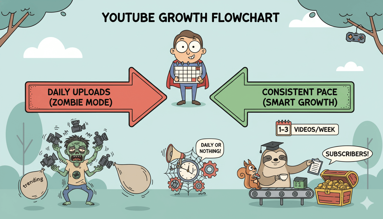 Un diagrama de flujo humorístico contrasta las "subidas diarias (modo zombi)" con el "ritmo constante (crecimiento inteligente)" para el crecimiento de canales de YouTube.