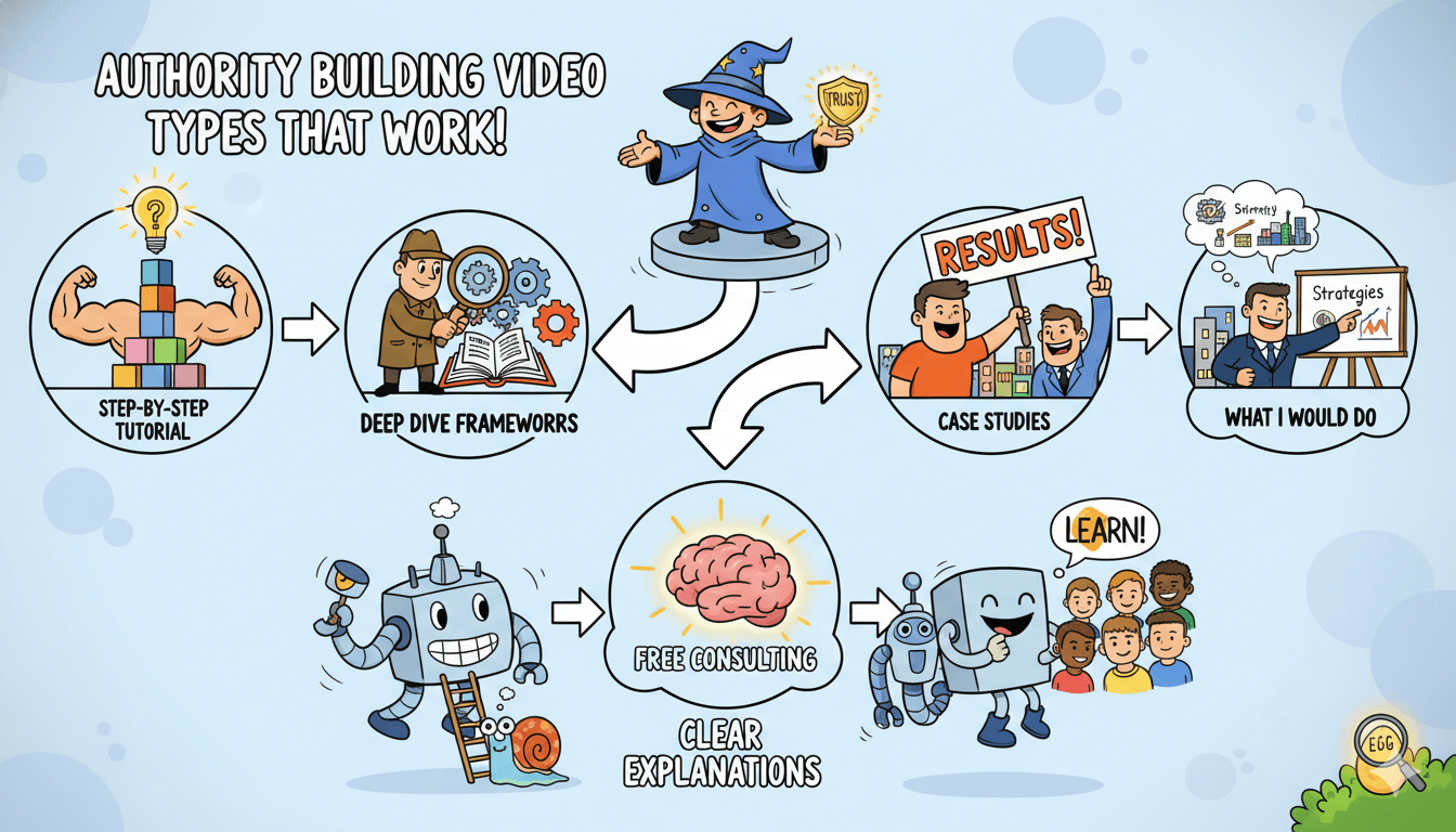 Un diagrama de flujo caprichoso ilustra varios tipos de vídeos que construyen autoridad, mostrando cómo conducen a consultorías gratuitas y explicaciones claras.