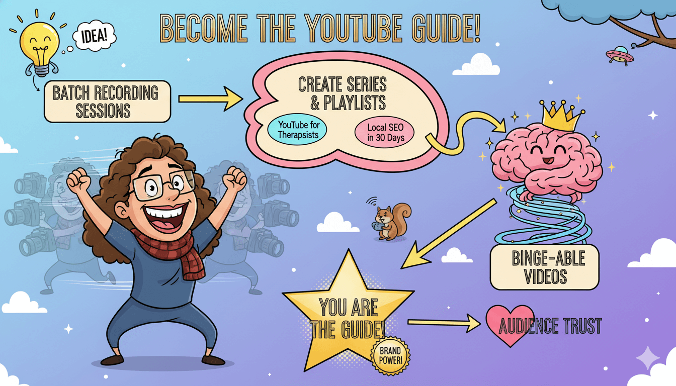 Un diagrama de flujo divertido muestra cómo las sesiones de grabación en lotes, series y listas de reproducción te ayudan a convertirte en la guía de YouTube.