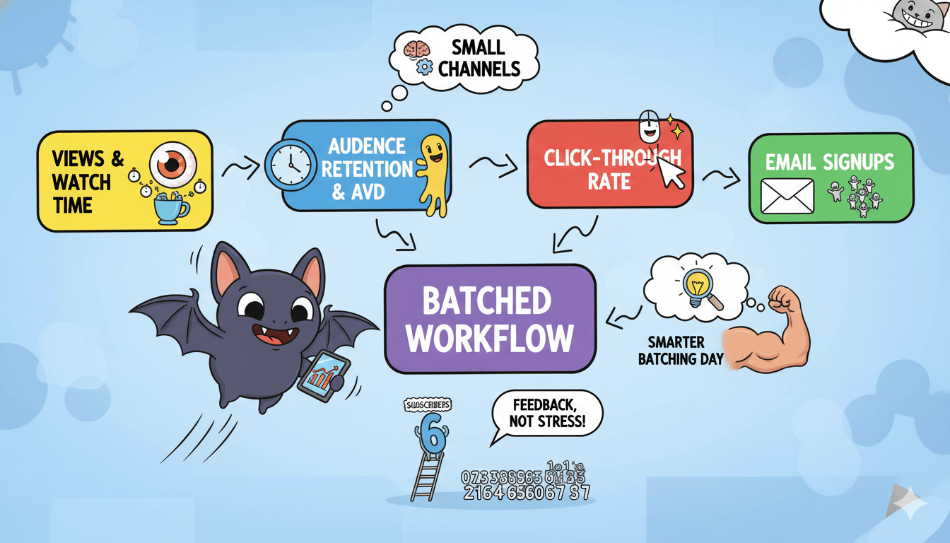 Un diagrama de flujo lúdico ilustra métricas clave de YouTube: visualizaciones, tiempo de visualización, retención de audiencia, tasa de clics y inscripciones por correo electrónico, mostrando cómo un flujo de trabajo agrupado conduce a insights más inteligentes.