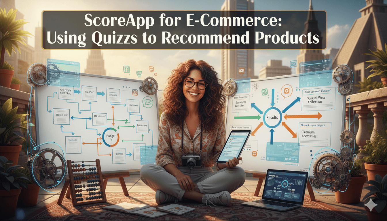 Una mujer sonríe entre pizarras que muestra un flujo de trabajo de preguntas de recomendaciones de productos, ilustrando el artículo de ScoreApp para comercio electrónico.
