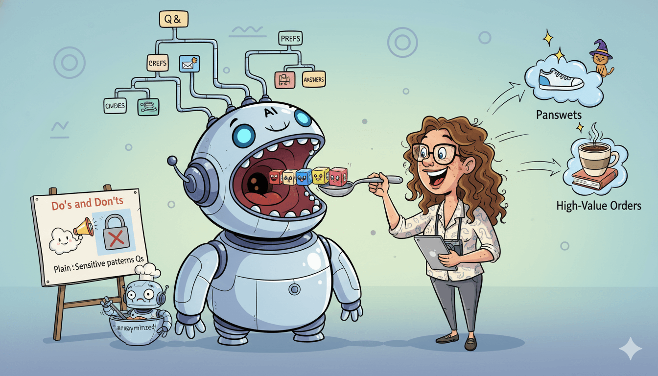 Una mujer de dibujos animados introduce datos a un sonriente robot IA, representando cómo mejores datos de entrenamiento refinan las sugerencias de cuestionarios.