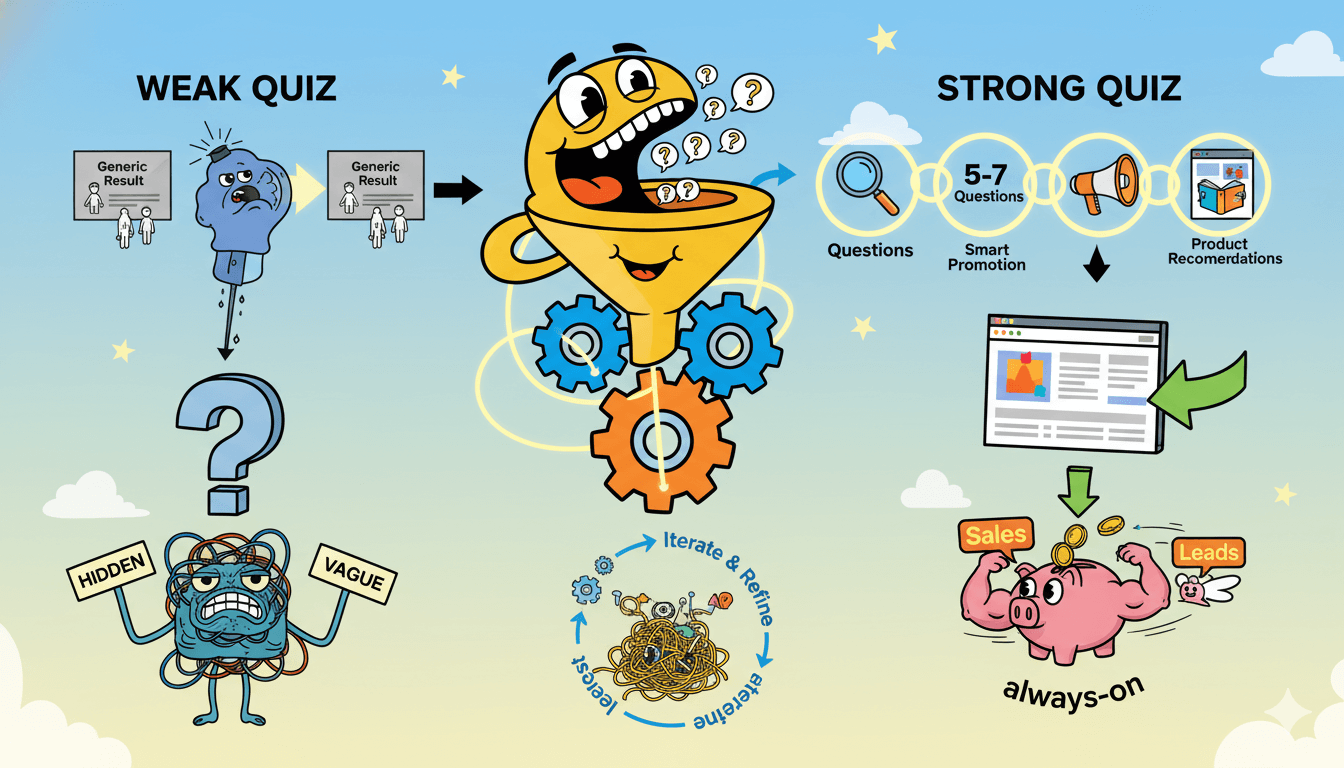 Un diagrama de flujo lúdico contrasta un cuestionario débil y enredado con uno fuerte y eficiente que genera ventas y clientes potenciales.