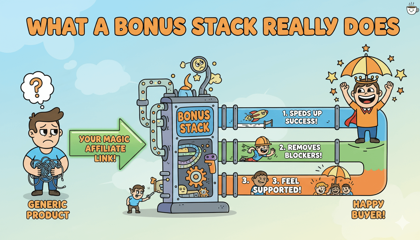 Un diagrama de flujo de dibujos animados ilustra cómo una pila extra transforma un producto genérico en una oferta especial para un comprador satisfecho