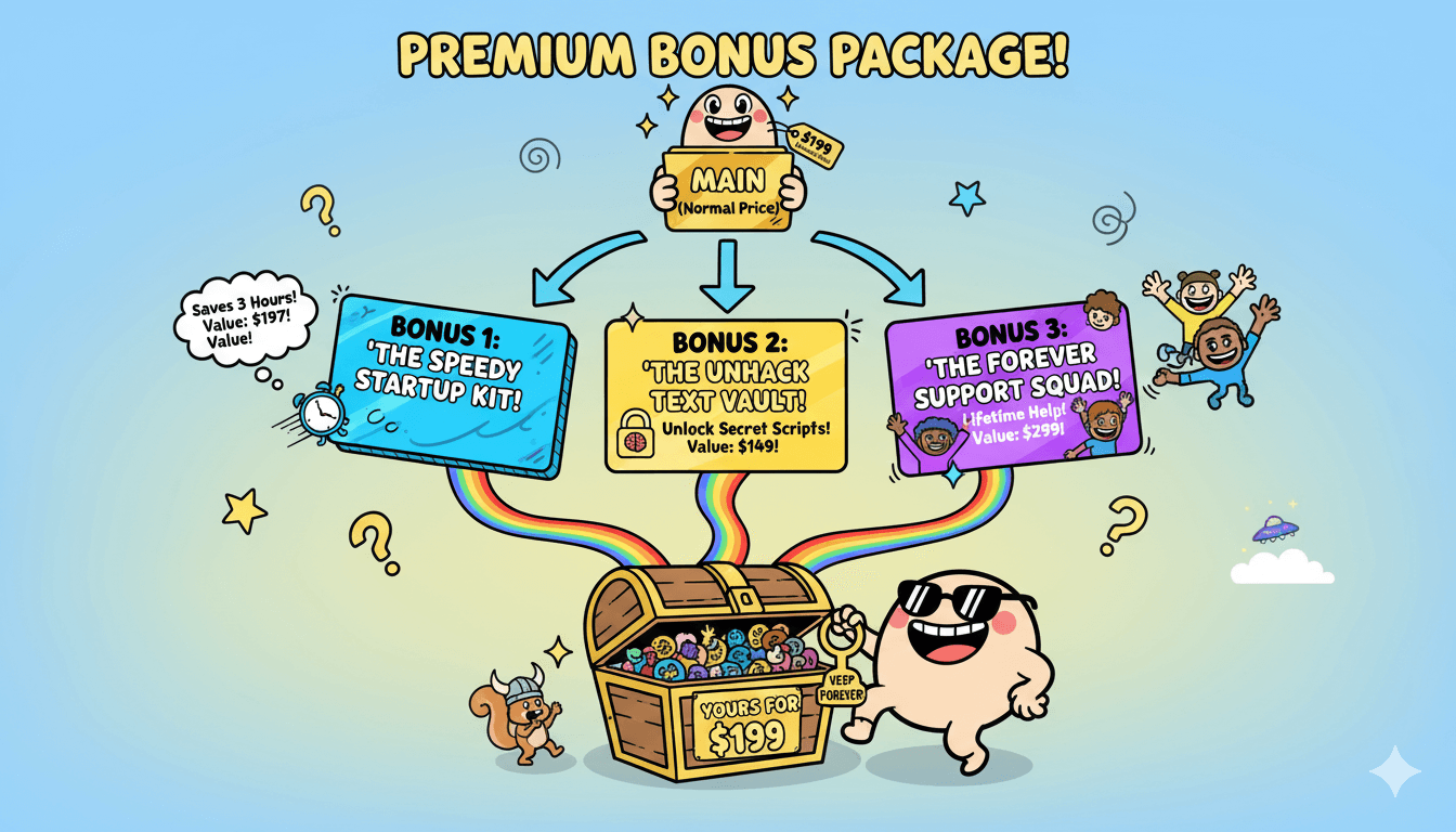 Un diagrama de flujo divertido muestra un producto principal que se ramifica en tres bonificaciones premium, todas conduciendo a un cofre que representa la oferta combinada.