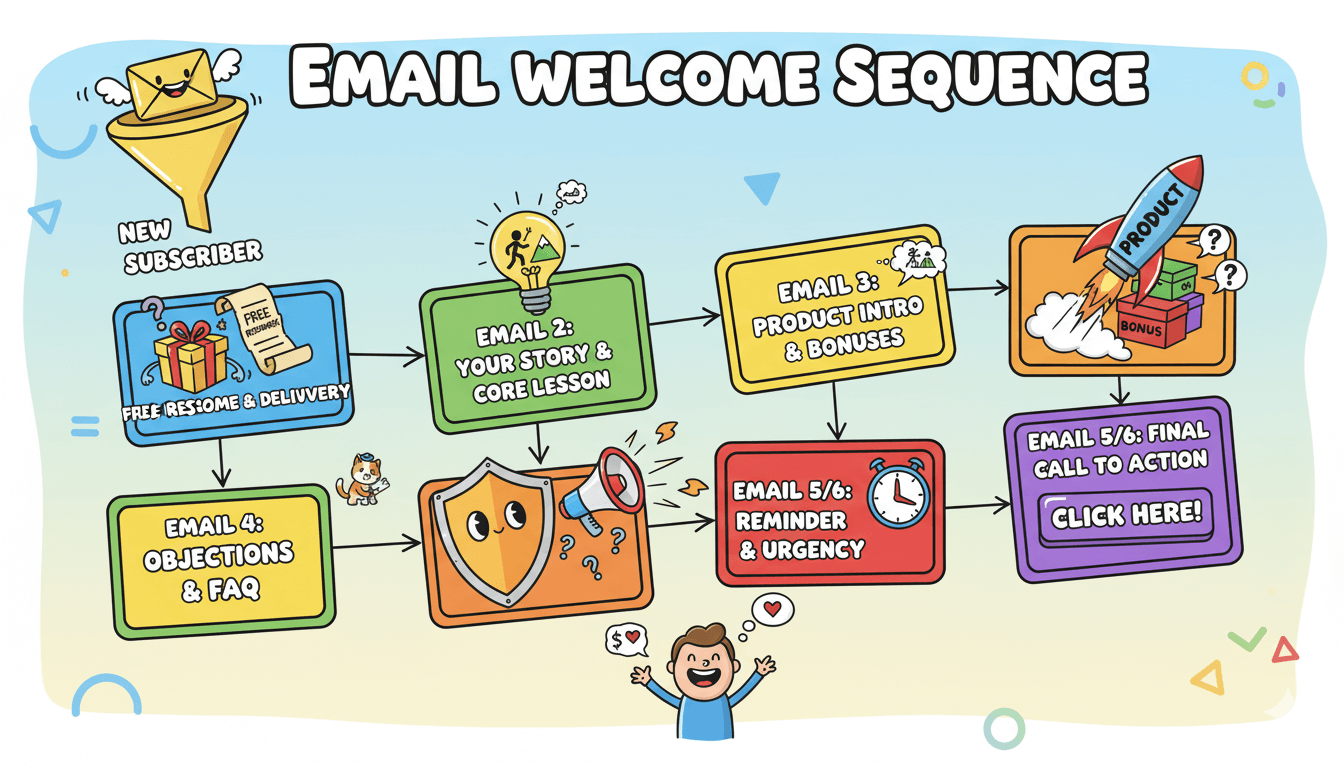 Un diagrama de flujo caprichoso ilustra una secuencia de bienvenida de correos electrónicos en varios pasos, guiando a los nuevos suscriptores a través de la introducción del producto y las llamadas a la acción