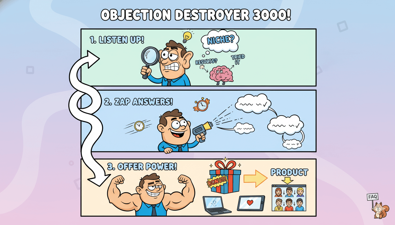 Una viñeta de tres viñetas que muestra a un hombre escuchando objeciones, respondiéndolas con una pistola "Zap" y luego mostrando el poder del producto para manejar objeciones comunes.