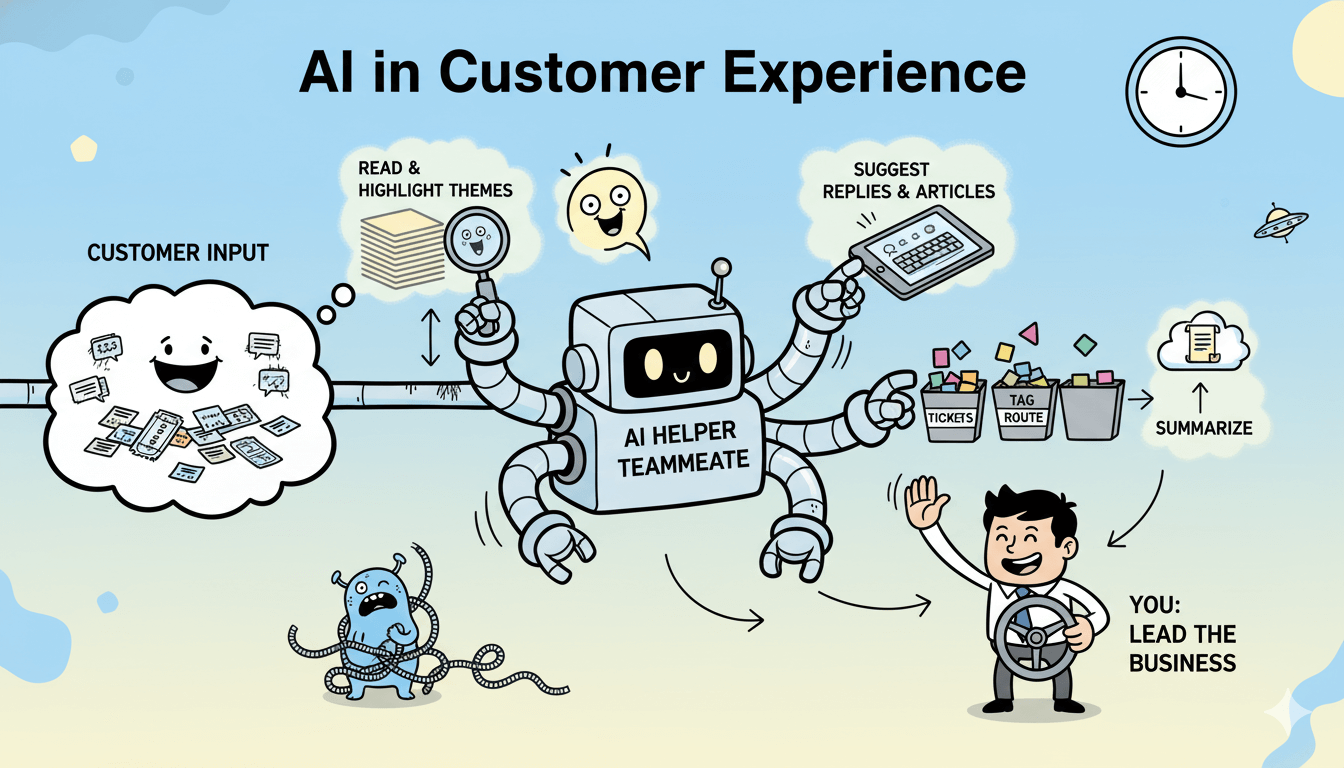 Un diagrama de flujo humorístico explica visualmente cómo la IA procesa la entrada del cliente, sugiere respuestas y organiza tareas para agilizar los flujos de trabajo de la experiencia del cliente.