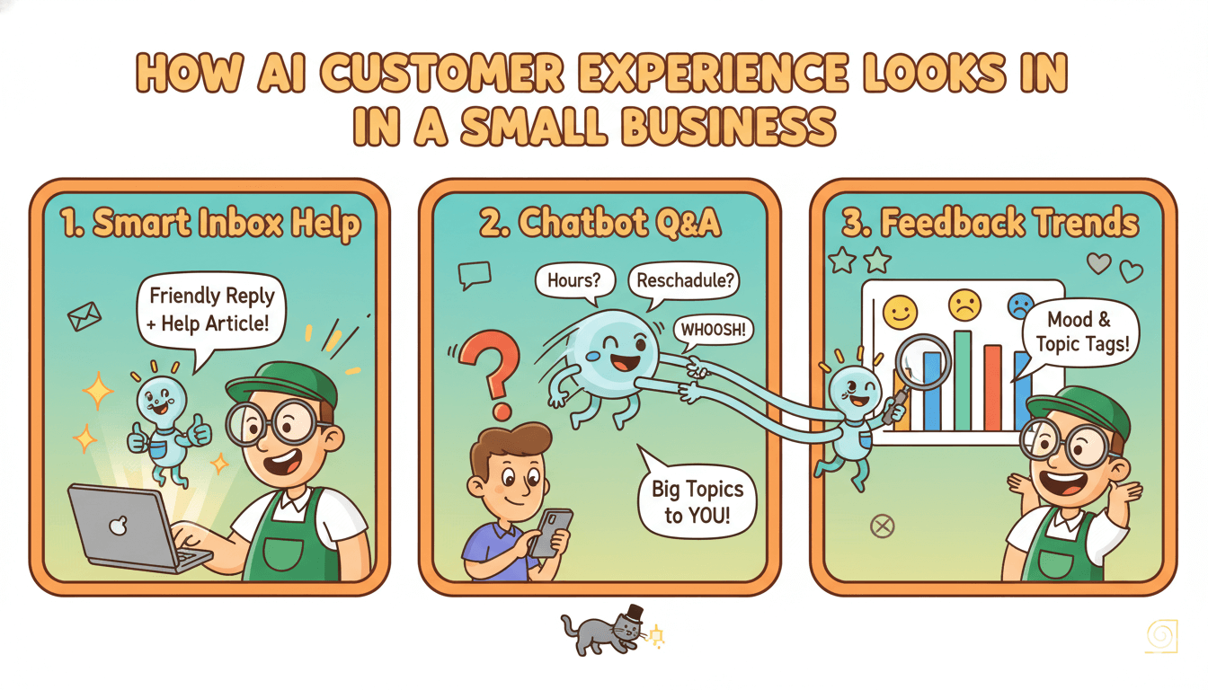 Tres viñetas de dibujos animados muestran a un pequeño empresario beneficiándose de la IA en su bandeja de entrada, chatbot y análisis de feedback para la experiencia del cliente.