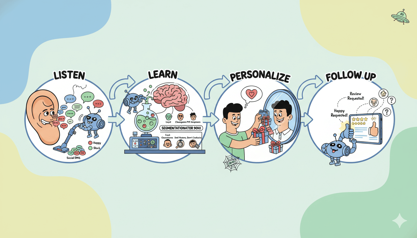 Un humorístico diagrama de flujo de cuatro pasos explica visualmente el bucle de experiencia del cliente con IA: escuchar, aprender, personalizar y hacer seguimiento, con robots de dibujos animados.