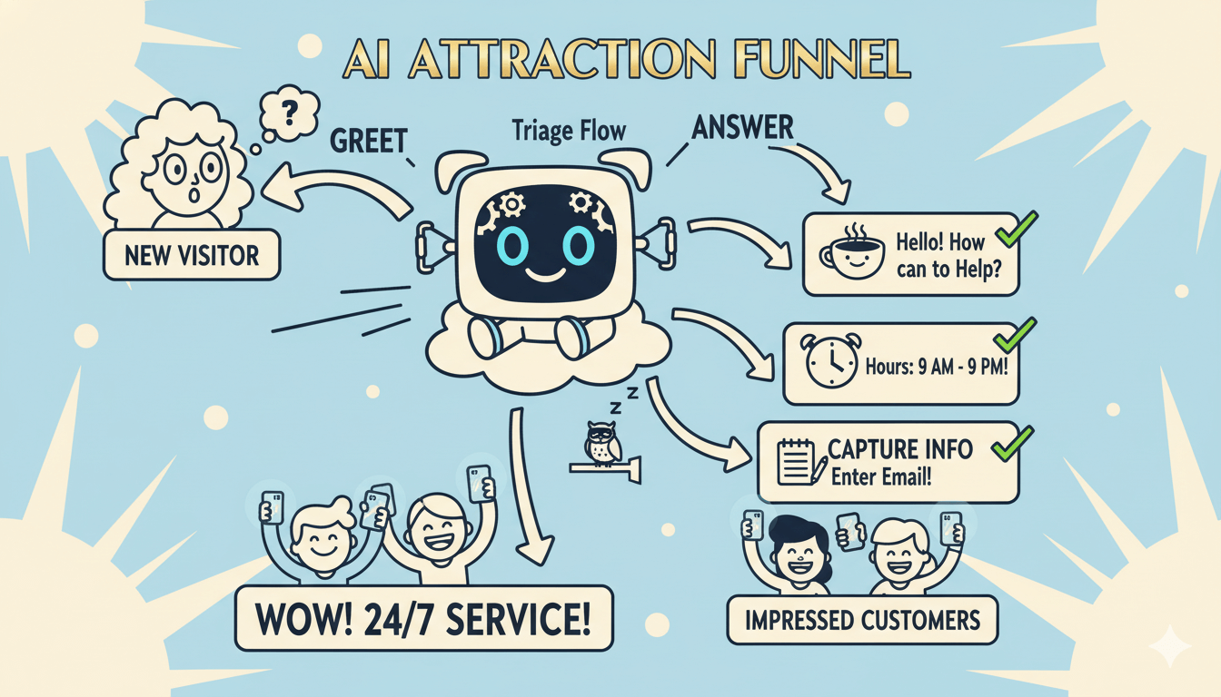 Un diagrama de flujo humorístico muestra a un chatbot de IA saludando a nuevos visitantes, respondiendo preguntas y capturando información, demostrando el papel de la IA en la atracción de clientes.
