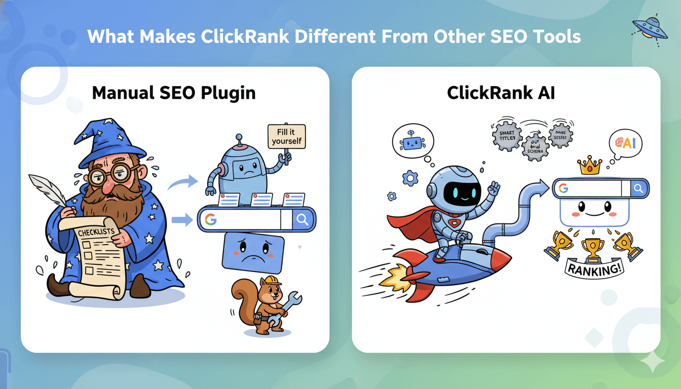 Un diagrama de flujo lúdico muestra a un asistente y un robot optimizando manualmente una página web frente a ClickRank AI mejorando automáticamente el posicionamiento en los buscadores.