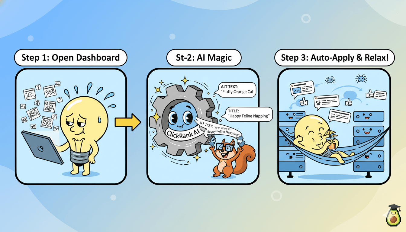 Un panel de 3 pasos ilustra cómo el módulo de SEO de imágenes de ClickRank convierte en un hábito rápido optimizar texto alternativo y títulos de imágenes.