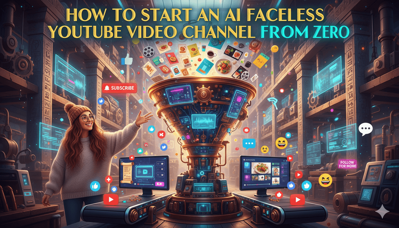 Una mujer mexicana sonriente, con pelo peludo y gorro de pie, está en una fábrica de vídeos, alimentando contenido en un embudo de IA para crear vídeos en YouTube