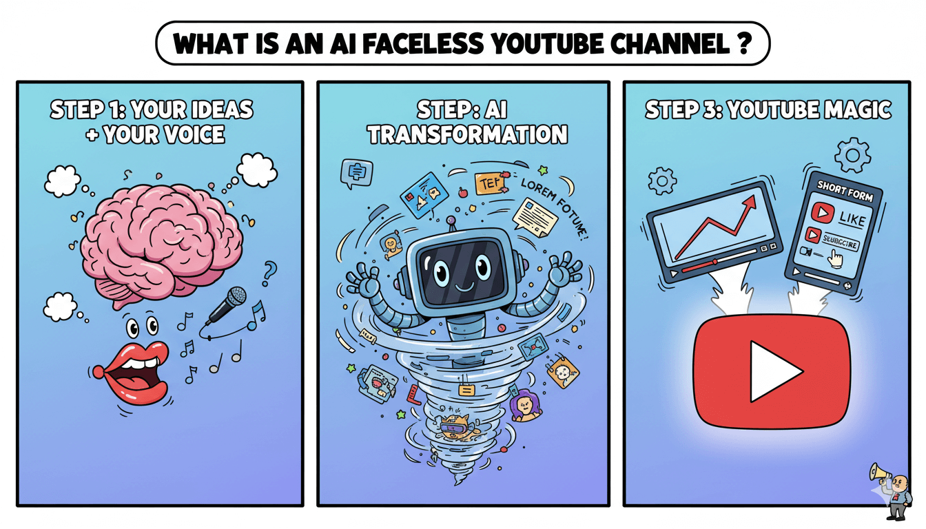 Un panel de dibujos animados ilustra cómo funciona un canal de YouTube sin rostro: ideas más voz, transformación de IA y resultados de YouTube