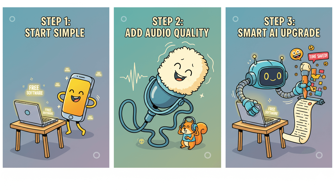 Tres viñetas de dibujos animados muestran cómo empezar un canal sin rostro: usar herramientas gratuitas, mejorar el audio y luego añadir herramientas inteligentes de IA
