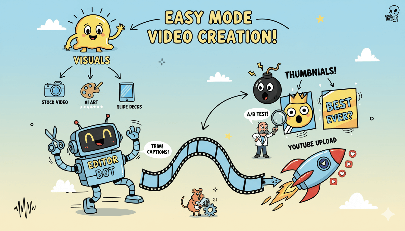 Un diagrama de flujo caprichoso muestra imágenes, un bot editor y miniaturas que llevan a la subida a YouTube para crear vídeos sin rostro y fácilmente