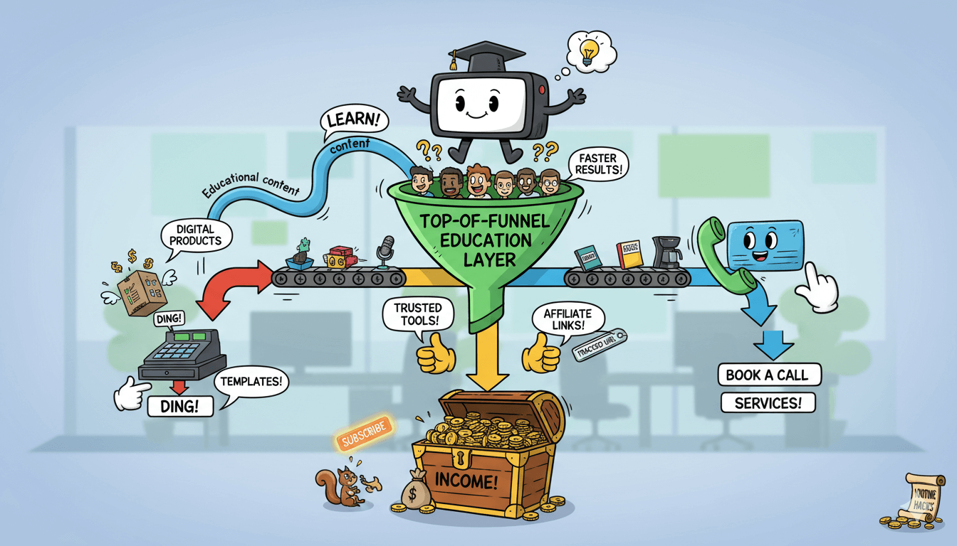 Un diagrama de flujo lúdico ilustra cómo el contenido en vídeo sin rostro genera ingresos y servicios para afiliados a través de contenido educativo