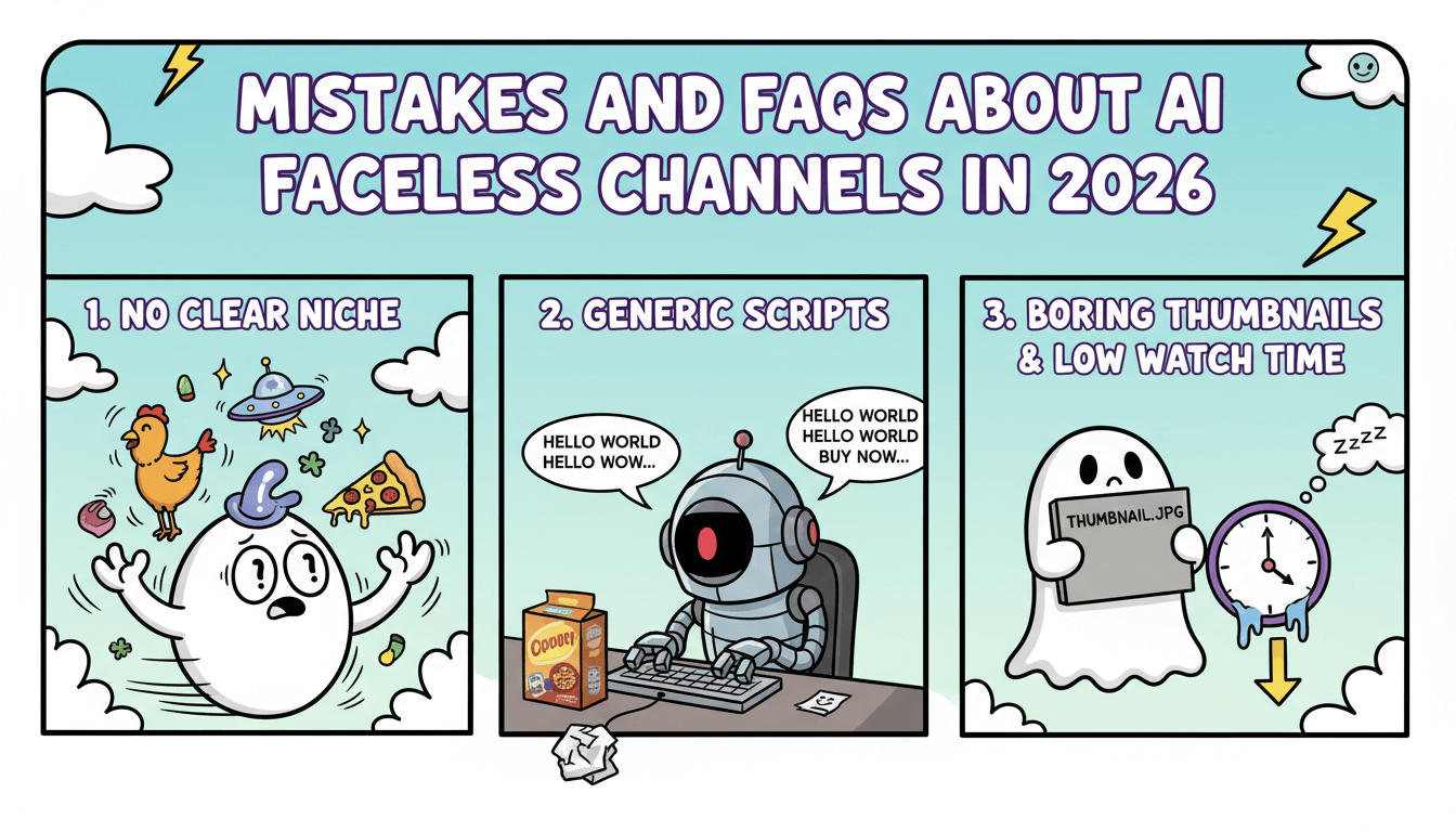 Un dibujo animado de tres viñetas ilustra errores comunes con canales sin rostro con IA: ningún nicho claro, guiones genéricos y miniaturas aburridas