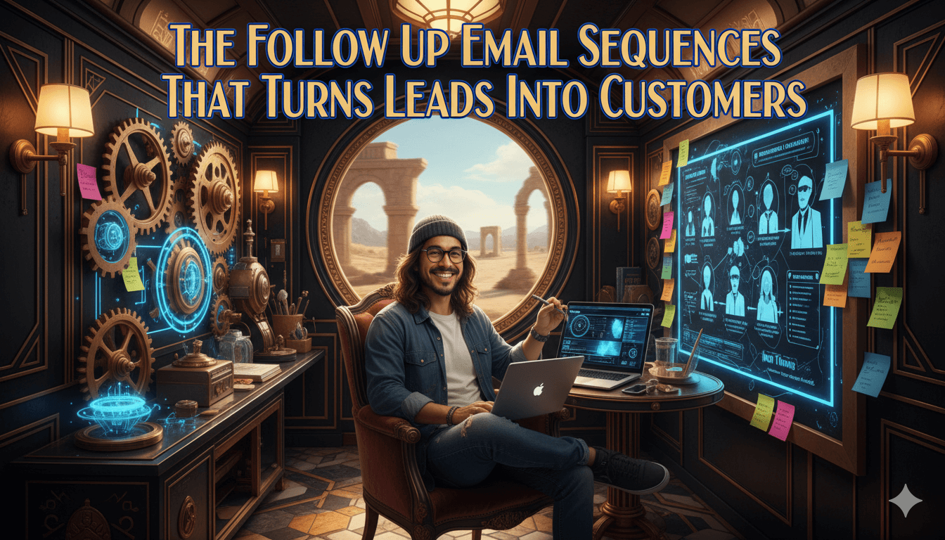 Un hombre sonriente en un vagón privado rodeado de tecnología antigua y moderna, ideando secuencias de correos electrónicos para convertir contactos.