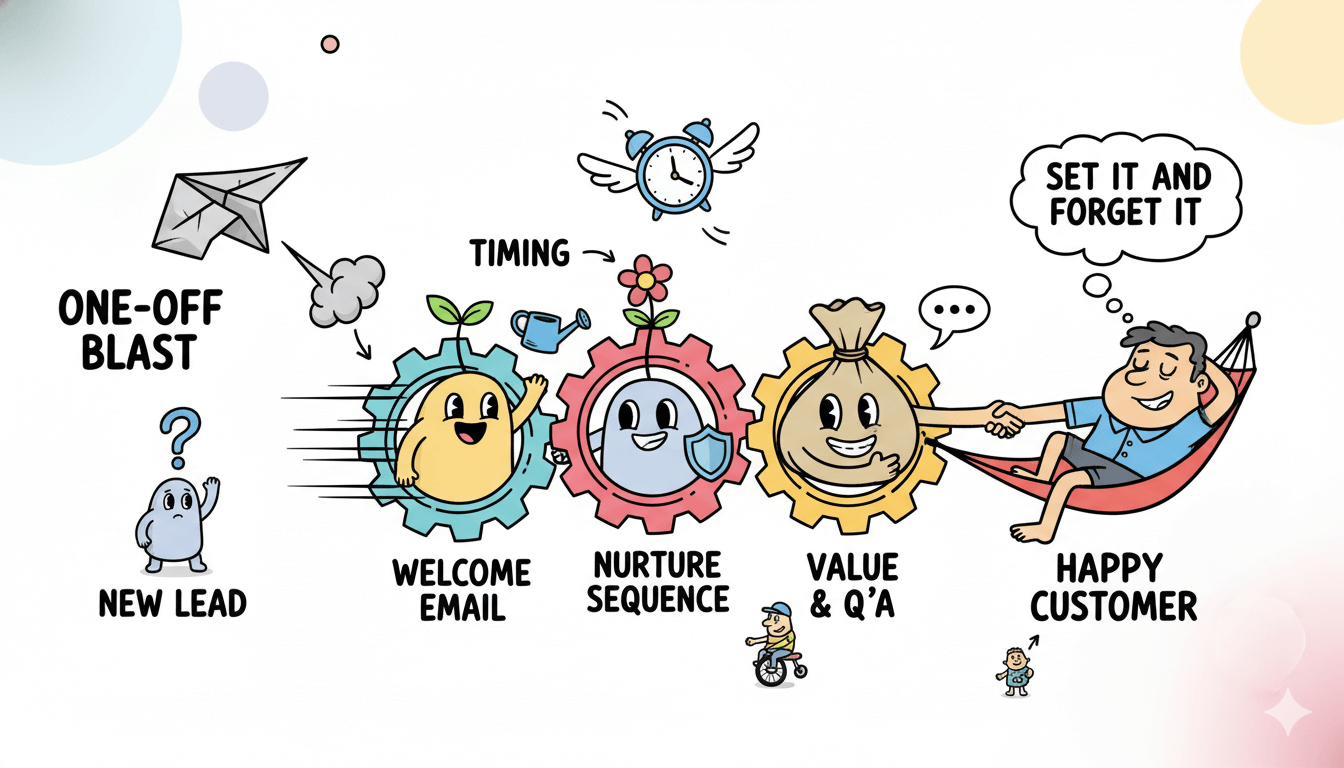 A humorous flowchart shows a "new lead" transforming into a "happy customer" through a welcome and nurture email sequence.