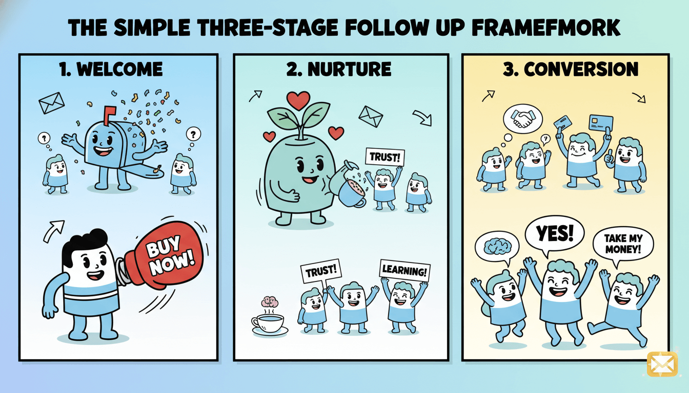 A playful cartoon panel illustrates a three-stage email follow-up framework: welcome, nurture, and conversion to customers.